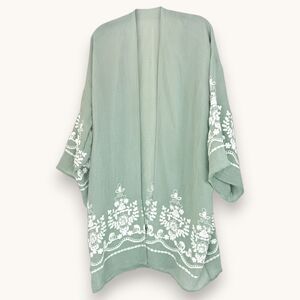 Sage Green Kimono Wrap Embroidered Boho Open Front Cardigan One Size
